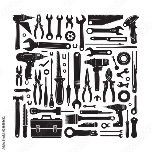 Tools vector silhouette. Construction tool collection vector art. Repair equipment vector illustration