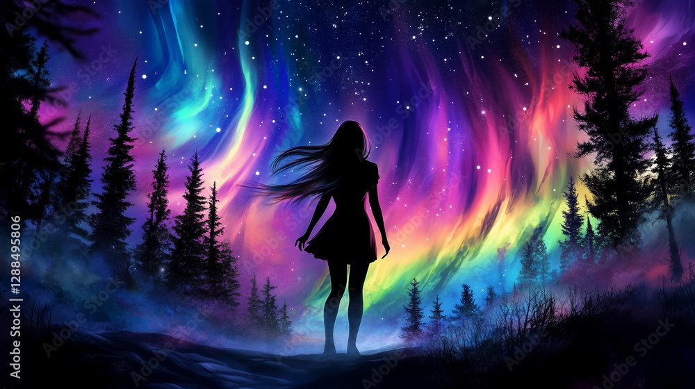 Fototapeta premium Silhouette of a girl standing in front of the colorful northern lights, with vibrant rainbow colors lighting up the sky, surrounded by a forest landscape of pine trees at night. A fantasy-style illust