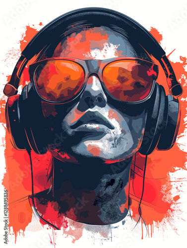 Portrait of a girl with headphones. Grunge vector illustration.