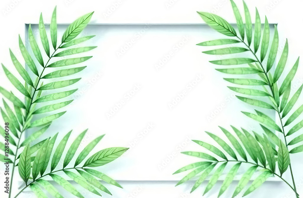 3D palm leaves located with a frame, green on a white background, monochrome, a place for text in the center. 3D palm leaves located with a frame, green on a white background, monochrome, a place for text in the center.