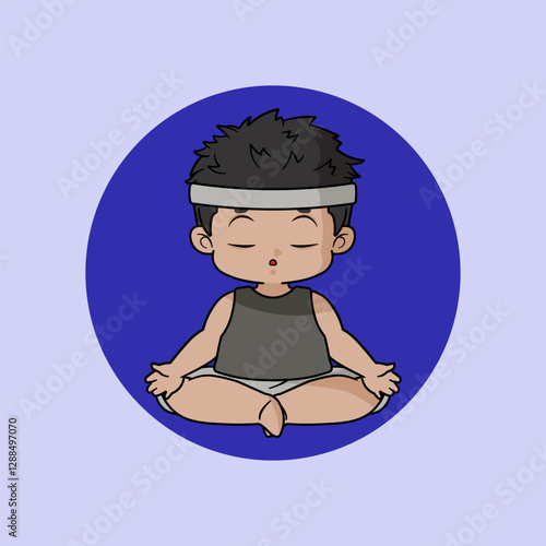 A cool chibi boy is doing yoga. A chibi boy is seriously performing the Siddha Pose or Siddhasana.