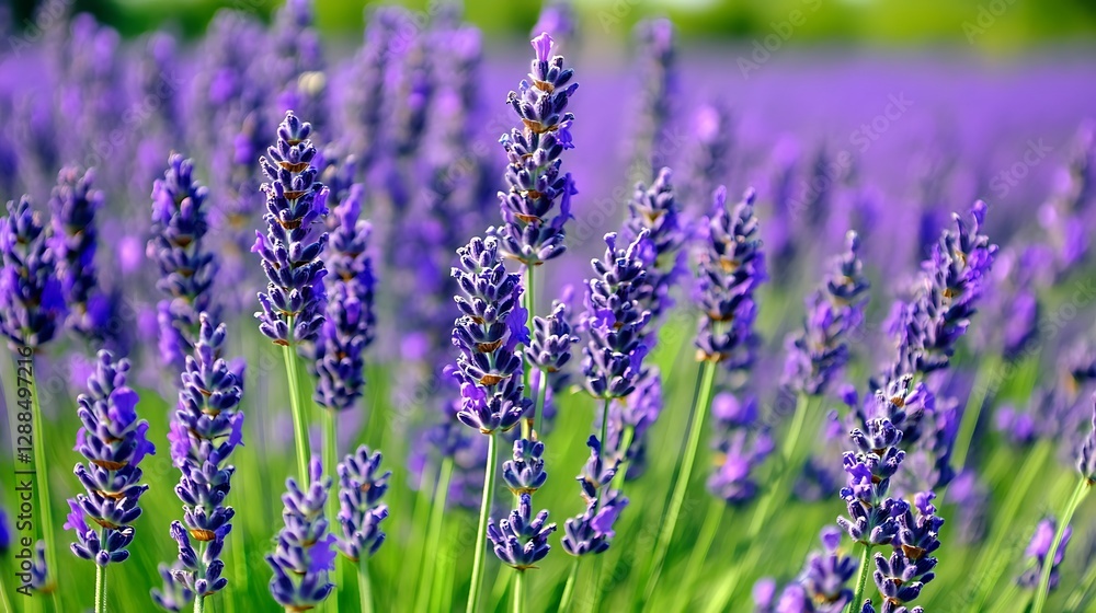 Obraz premium A field of lavender with rows of purple flowers stretching out into the distance