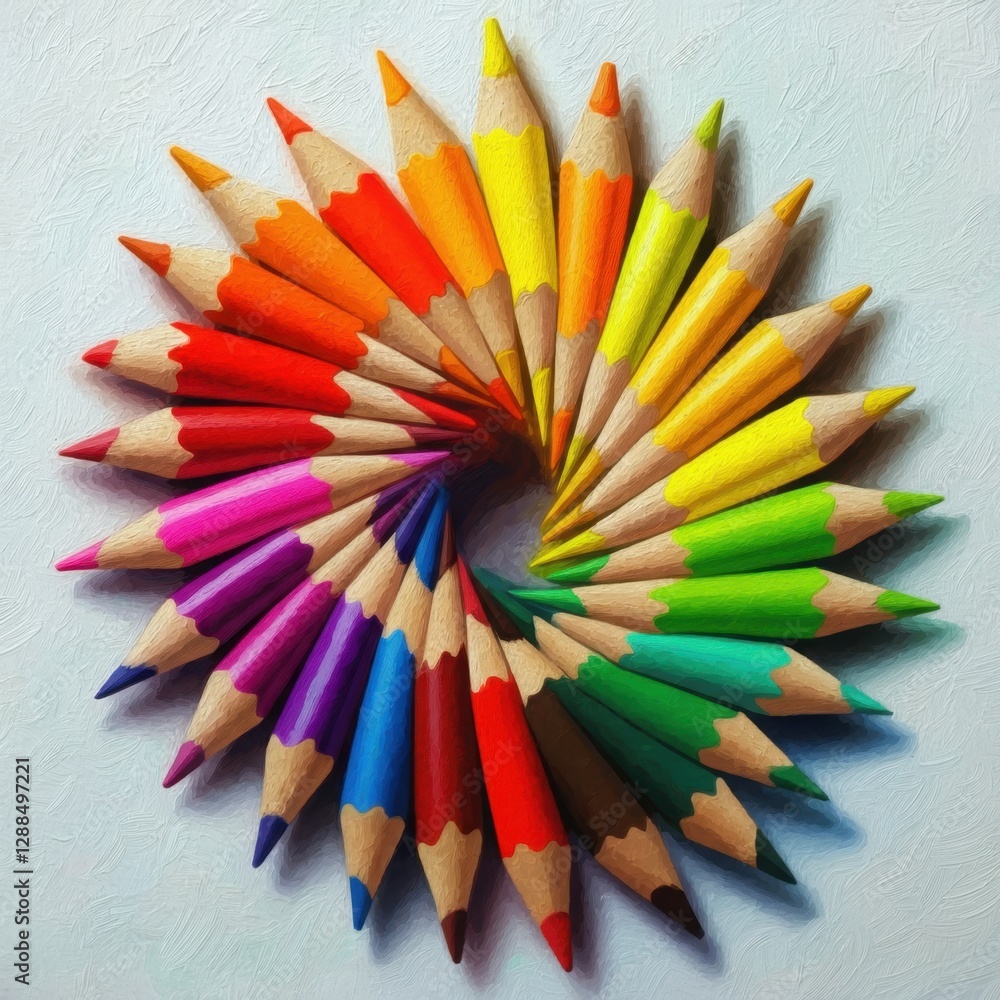 The sticker shows colored pencils arranged in a circle or spiral pattern The sticker shows colored pencils arranged in a circle or spiral pattern