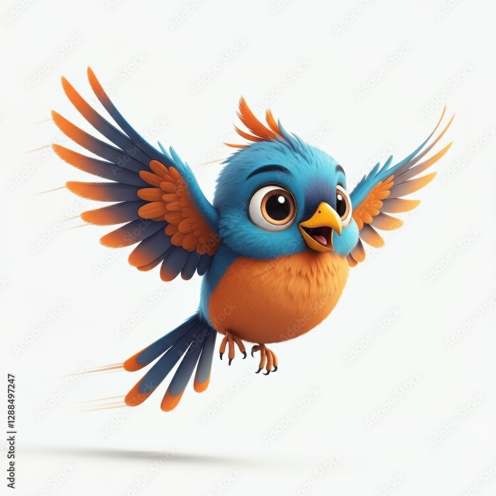 Fototapeta premium A cheerful cartoon bird with bright blue and orange feathers flies on outstretched wings