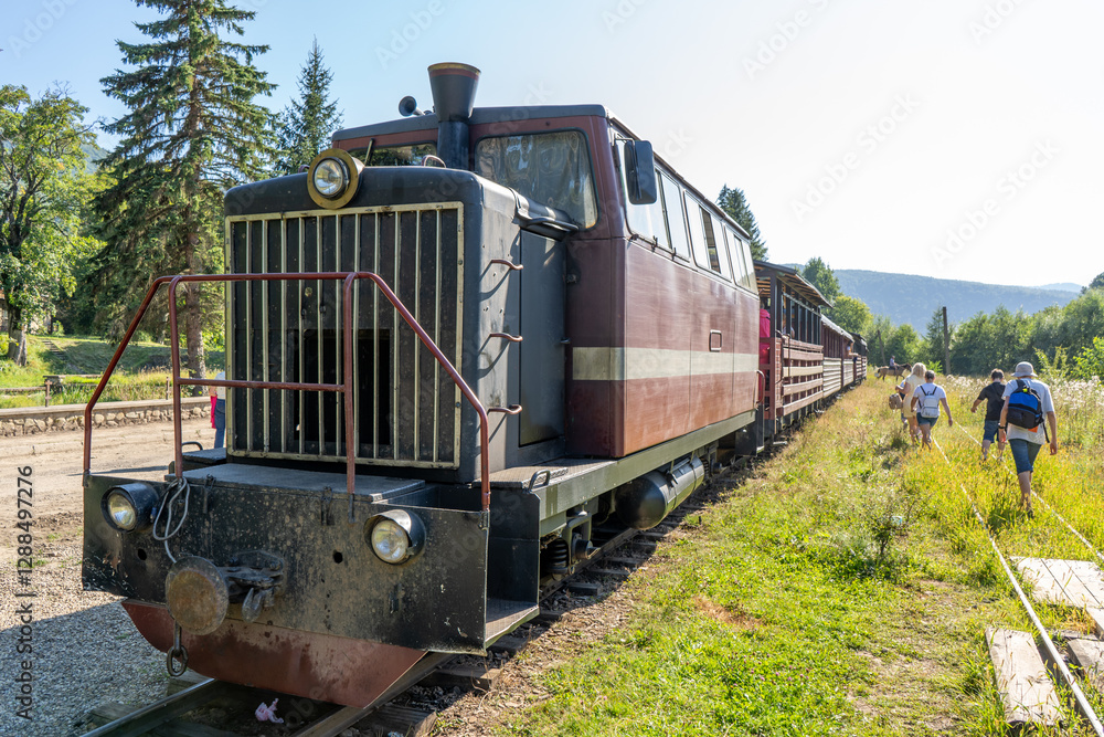 Obraz premium Carpathian tram. Steam locomotive on a narrow-gauge railway. Old transport station attractions.
