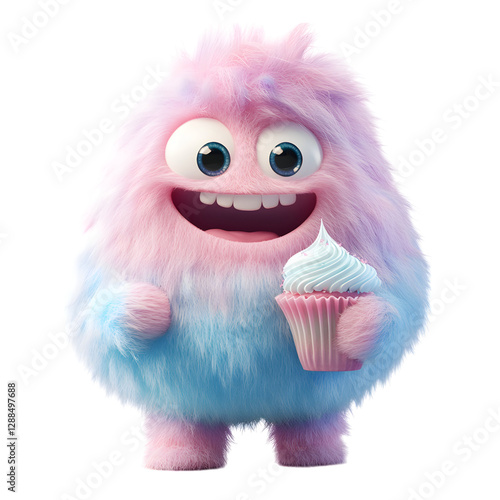 A Fluffy 3D Cartoon Character Holding a Glowing Cupcake Isolated on Transparent Background