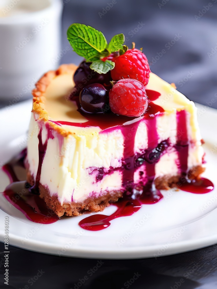 an AI Image Generator, Delicious Raspberry Cheesecake with Mint Garnish an AI Image Generator, Delicious Raspberry Cheesecake with Mint Garnish