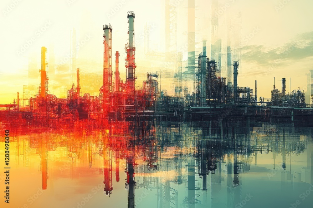 Obraz premium ** Abstract Industrial Landscape with Reflections of Factory Silhouettes at Sunset, Featuring Vibrant Colors and a Futuristic Atmosphere..**