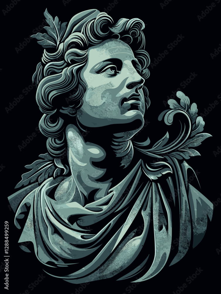 Statue of a woman with a leaf in her hair. The statue is made of stone and has a very realistic appearance. The woman's face is very detailed Statue of a woman with a leaf in her hair. The statue is made of stone and has a very realistic appearance. The woman's face is very detailed