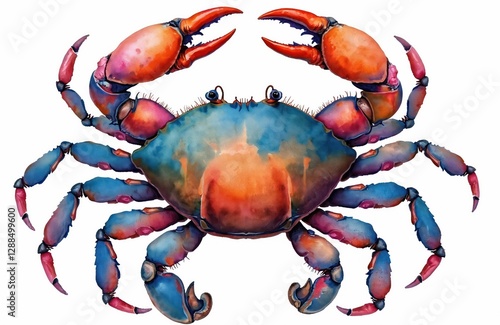 Detailed colorful watercolor painting of a crab on white background. Blue, red, orange color palette of sea creature, underwater animal. Marine life art illustration for seafood concepts. photo