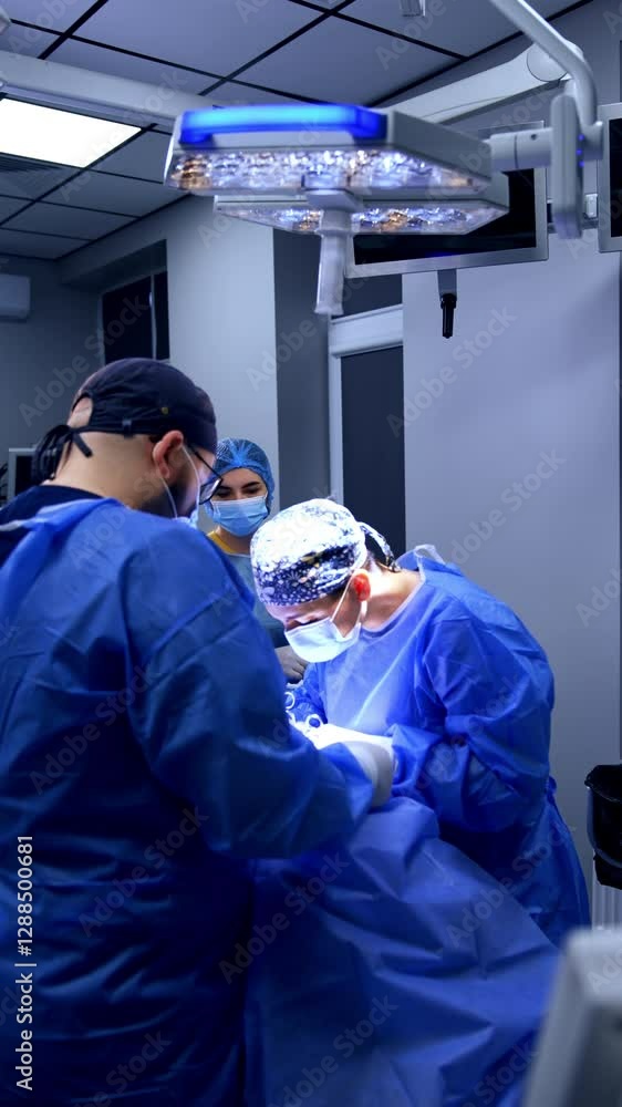 Surgeons work at operating table performing surgery. Chief surgeon leaning above the patient applies metal tool. Vertical video. Surgeons work at operating table performing surgery. Chief surgeon leaning above the patient applies metal tool. Vertical video.