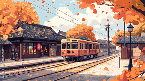 Japanese Suburban Tram Station in Autumn With Vibrant Maple Leaves Falling