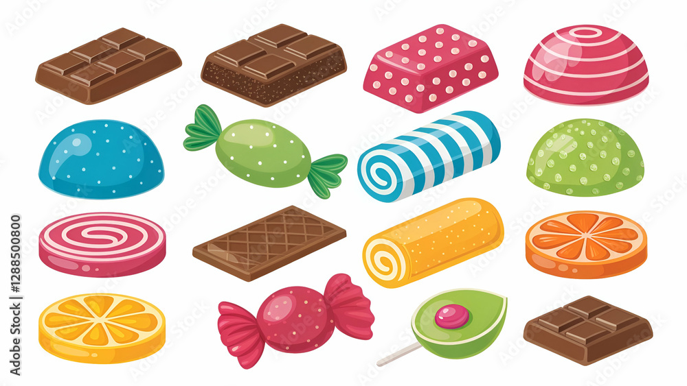 A colorful collection of candy-themed icons, including hard candies, chocolate bars, and gummies, ideal for digital and print designs. A colorful collection of candy-themed icons, including hard candies, chocolate bars, and gummies, ideal for digital and print designs.