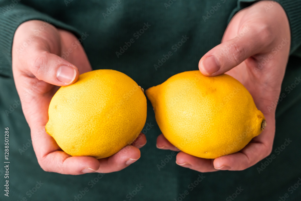 Farmer holding two ripe yellow lemons in hands. Close-up of a farmer showing two freshly picked lemons, emphasizing sustainable agriculture Farmer holding two ripe yellow lemons in hands. Close-up of a farmer showing two freshly picked lemons, emphasizing sustainable agriculture