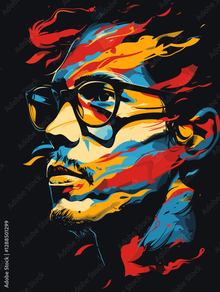 Man with glasses and a beard is painted in a colorful and abstract style. The painting is a representation of the man's personality and features a mix of bright and bold colors Man with glasses and a beard is painted in a colorful and abstract style. The painting is a representation of the man's personality and features a mix of bright and bold colors