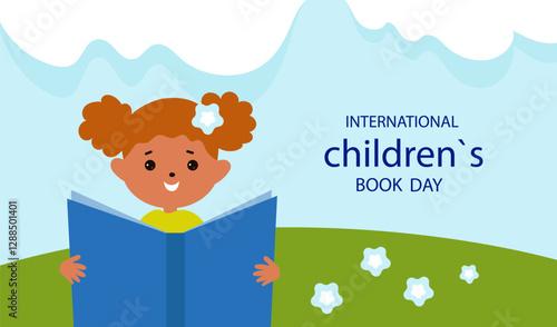 small child is reading book.  concept of reading and learning. International Literacy Day, book day.  Children education background. Book festival.Vector cartoon flat  Illustration 