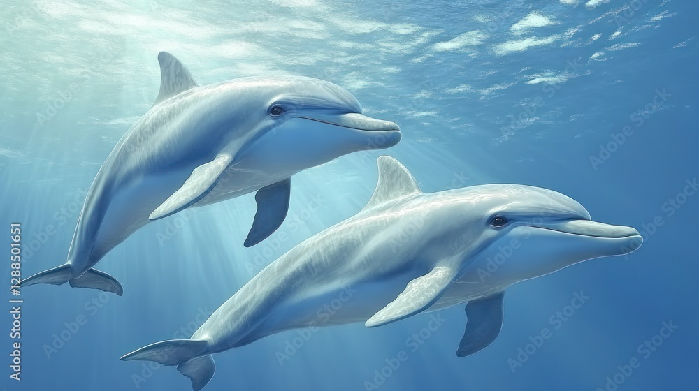 Two dolphins swimming, ocean sunlight, underwater scene, marine life poster Two dolphins swimming, ocean sunlight, underwater scene, marine life poster