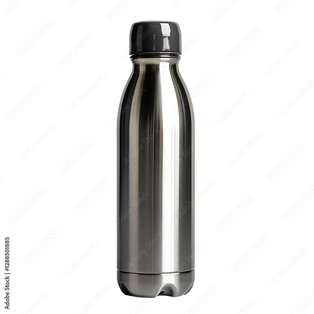 A Sleek Modern Water Bottle with Metallic Finish Isolated on Transparent Background A Sleek Modern Water Bottle with Metallic Finish Isolated on Transparent Background