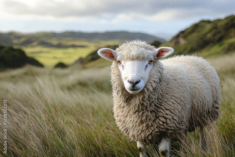 Obraz premium Sheep stands in tall grass field, rolling hills background, overcast sky