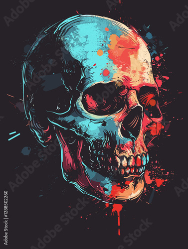 Skull with a blue and red background. The skull is painted in a way that it looks like it has been splattered with paint