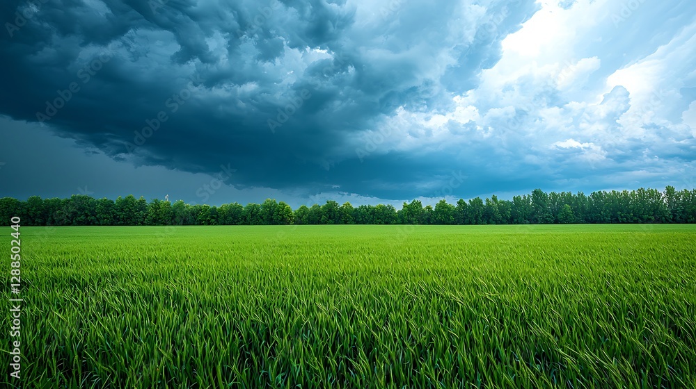 Obraz premium Stormy sky over green field; dramatic nature landscape; background for weather reports