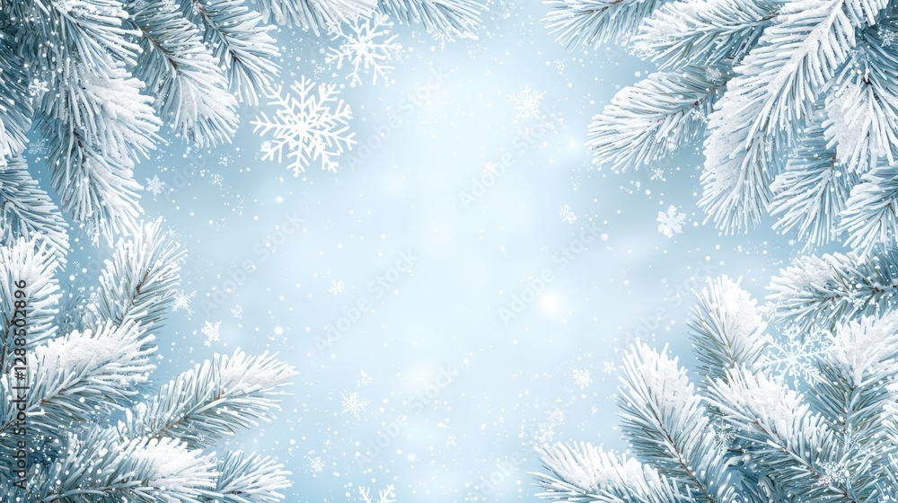 Snowy Fir Branches and Snowflakes Frame a Winter Wonderland Scene Snowy Fir Branches and Snowflakes Frame a Winter Wonderland Scene