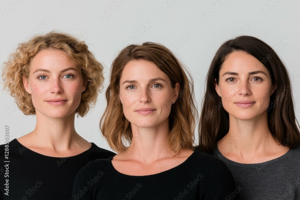 Three diverse women with natural beauty, showcasing different hair textures and skin tones, set against a light gray background, emphasizing identity and inclusivity Three diverse women with natural beauty, showcasing different hair textures and skin tones, set against a light gray background, emphasizing identity and inclusivity