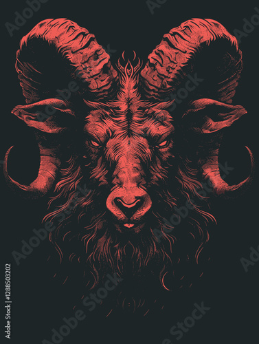Ram with horns and a red face. The ram is depicted in a black and red color scheme