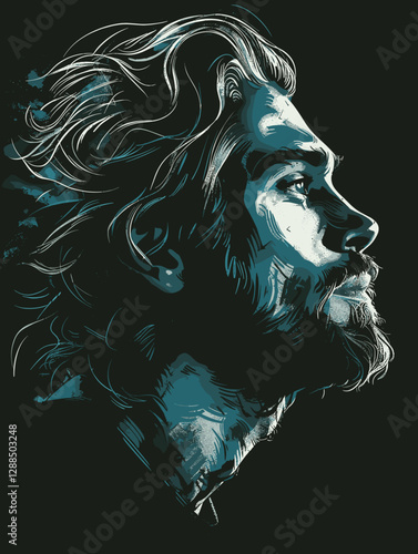 Man with a beard and long hair is shown in a blue and black color scheme. The image has a moody and mysterious feel to it, as if the man is looking into the distance or lost in thought