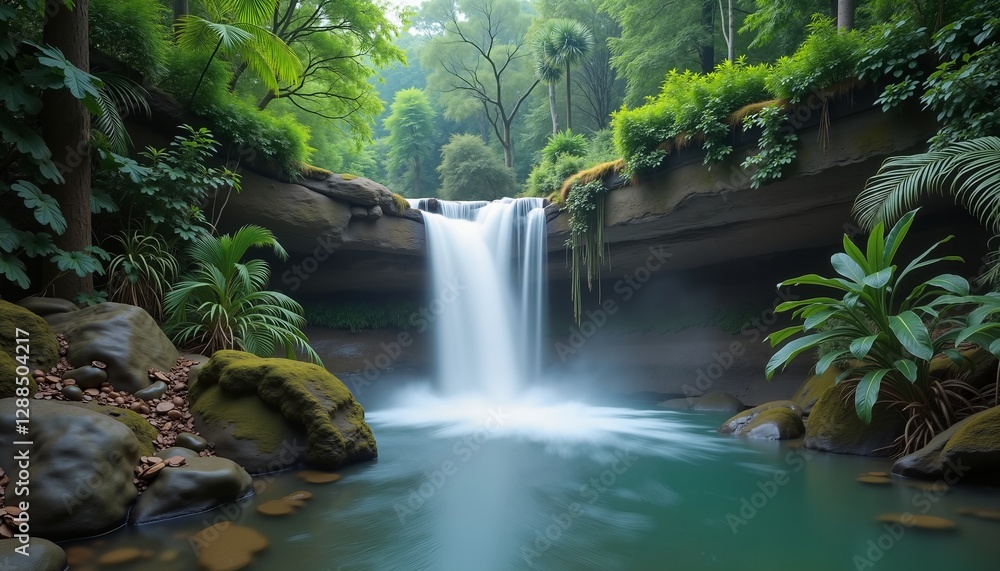 Fototapeta premium Serene waterfall cascading in lush green forest, perfect for nature relaxation themes