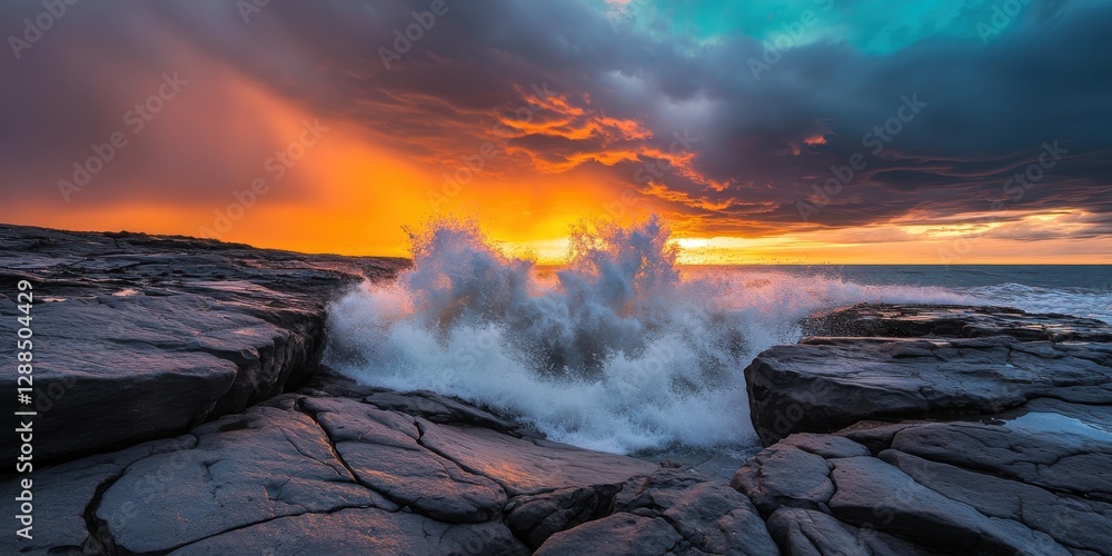 Fototapeta premium Golden sunlight on coastal rocks scenic waves and beach serenity photography