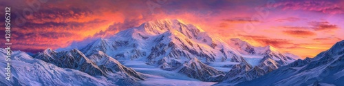 Alpenglow Sunset on Mt Denali: Panoramic View of Alaskan Mountain