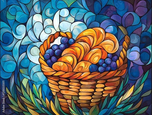 A mesmerizing stained glass artwork depicting a golden bread basket with intricate swirling patterns, radiating warmth, elegance, and artisanal craftsmanship.