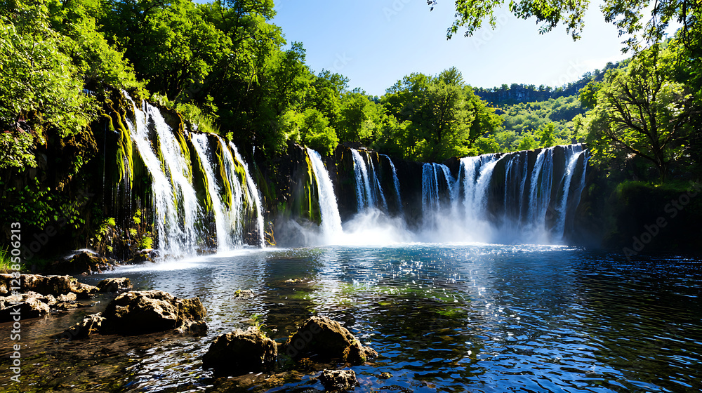 Fototapeta premium A beautiful waterfall surrounded by trees and rocks. generated using AI