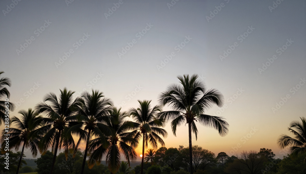 Fototapeta premium Silhouetted palm trees against sunset, tropical tranquility