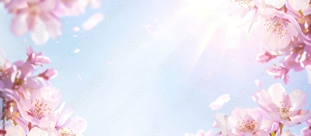 Fototapeta premium Pink cherry blossoms with a clear sky and sunlight, creating an elegant spring scene pastel color tone peaceful.