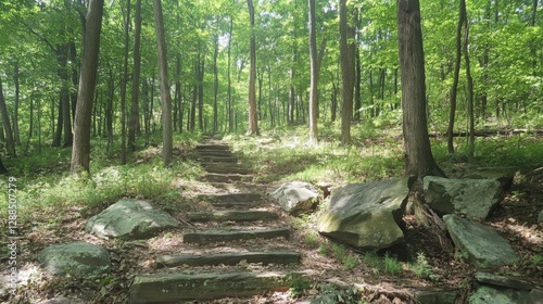 Fototapeta Naklejka Na Ścianę i Meble -  Appalachian Trail in Stokes State Forest New Jersey: Sunlit Rock Steps Through Lush Green Forest Landscape