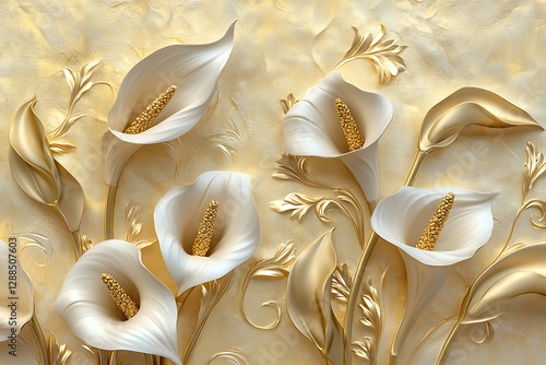 Fototapeta Naklejka Na Ścianę i Meble -  Elegant Gold and White Calla Lilies 3D Wall Art