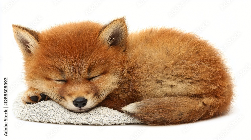 Sleeping fox kit on towel, white background, pet Sleeping fox kit on towel, white background, pet