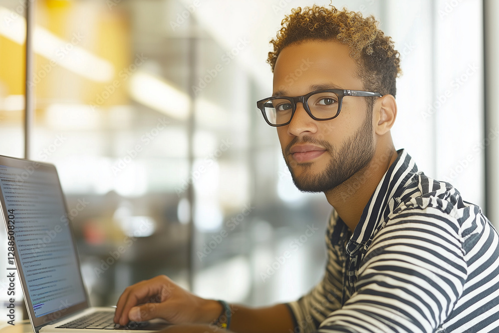 Portrait of a confident, mixed-race businessman working on a computer in an office. He is sitting at a desk and looking away with a focused expression. The handsome, young man is wearing glasses Portrait of a confident, mixed-race businessman working on a computer in an office. He is sitting at a desk and looking away with a focused expression. The handsome, young man is wearing glasses