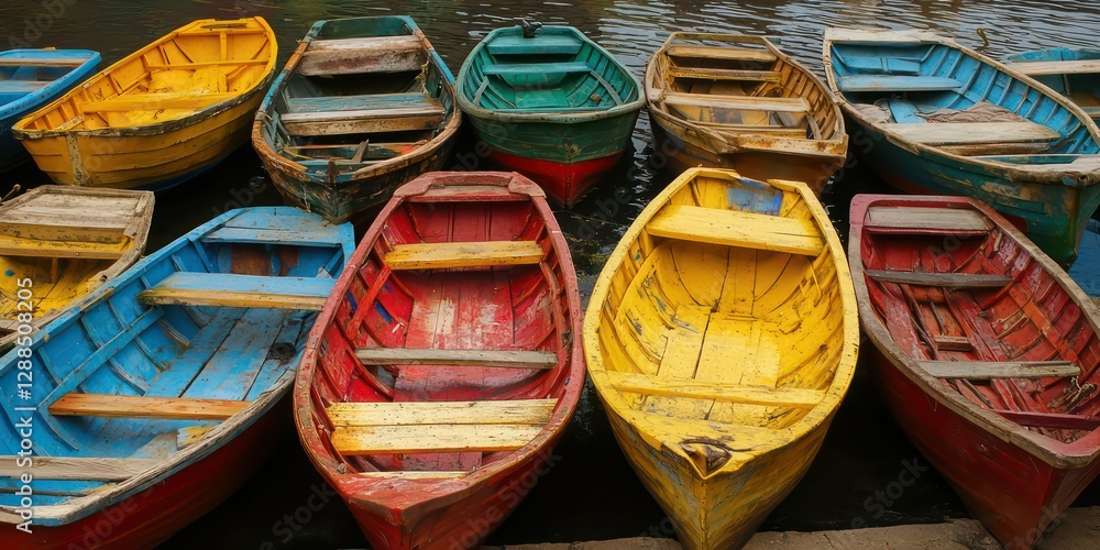 A fleet of small boats gathered in a fishing village A fleet of small boats gathered in a fishing village