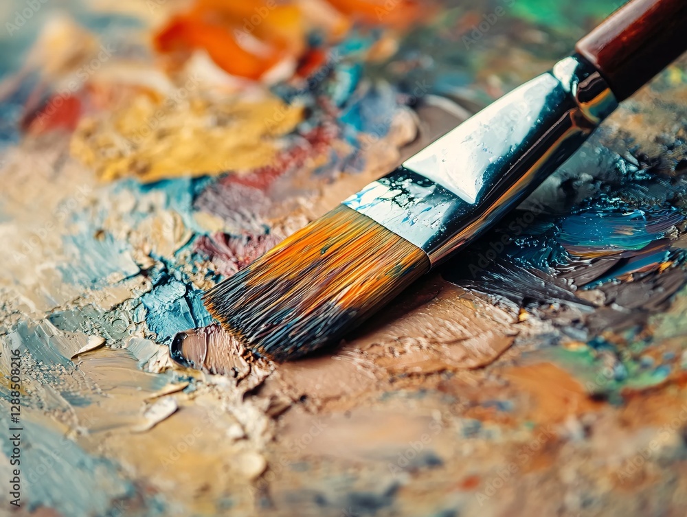 Fototapeta premium Artistic brushwork close-up studio photography creative workspace overhead artistic expression