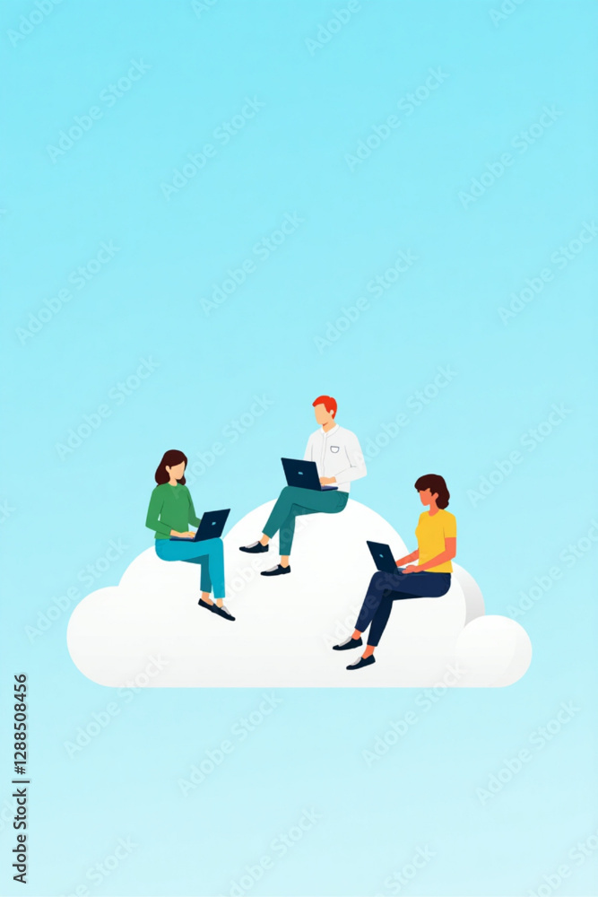 People Working on Laptops While Sitting on Clouds, Illustrating Cloud Computing and Remote Collaboration People Working on Laptops While Sitting on Clouds, Illustrating Cloud Computing and Remote Collaboration