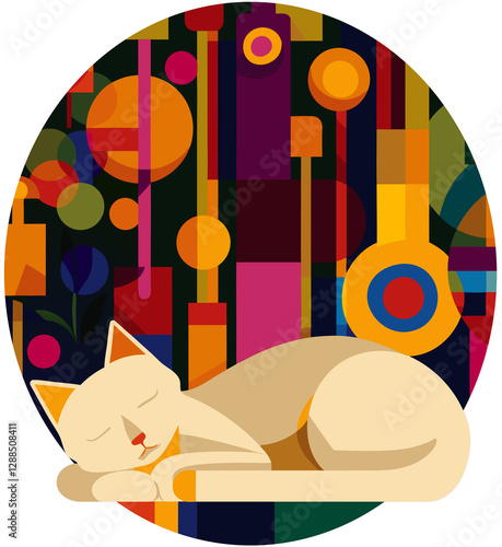 an abstract illustration featuring a sleeping cat in the foreground, set against a vibrant background of geometric shapes and colorful patterns.
