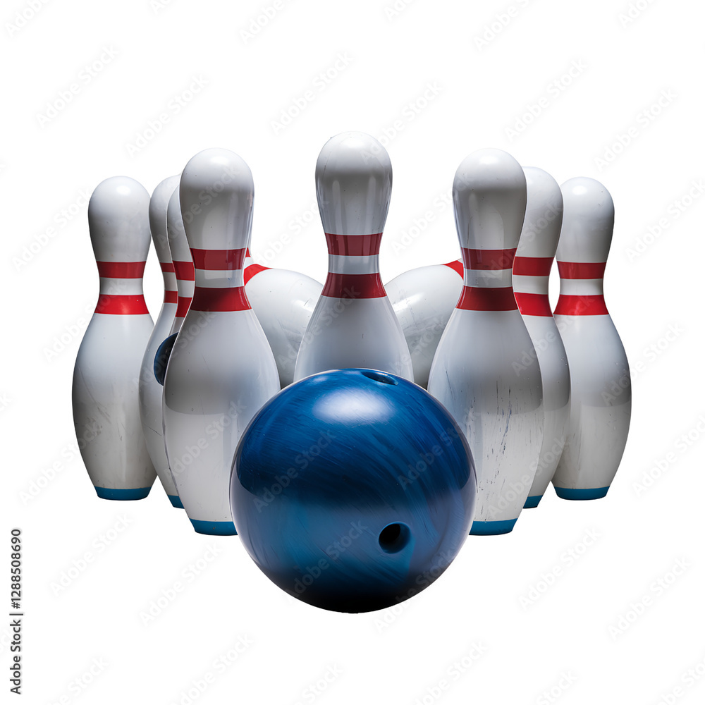 Blue bowling ball striking white pins in semi-circular formation, isolated on transparent background PNG Blue bowling ball striking white pins in semi-circular formation, isolated on transparent background PNG