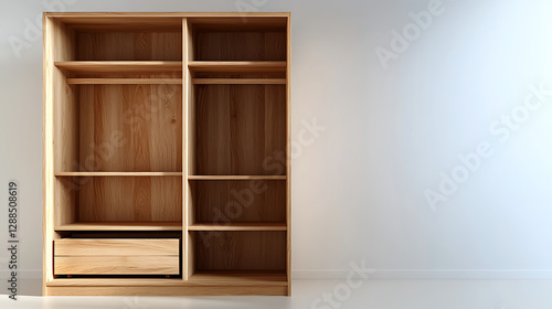 A wooden wardrobe with a drawer and shelves. generated using AI