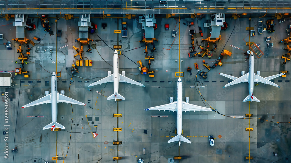 Aerial View of a 3D military airfield with Planes bombers,, Runway and Service Machinery. Aerial View of a 3D military airfield with Planes bombers,, Runway and Service Machinery.