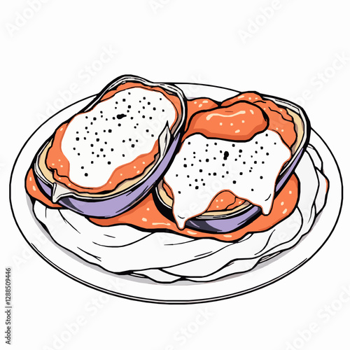Eggplant Parmesan with Tomato Sauce A Cheesy and Hearty Meal Black Outline Vector Illustration