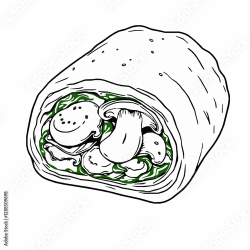 Mushroom and Spinach Stuffed Pastry A Crispy and Savory Delight Black Outline Vector Illustration