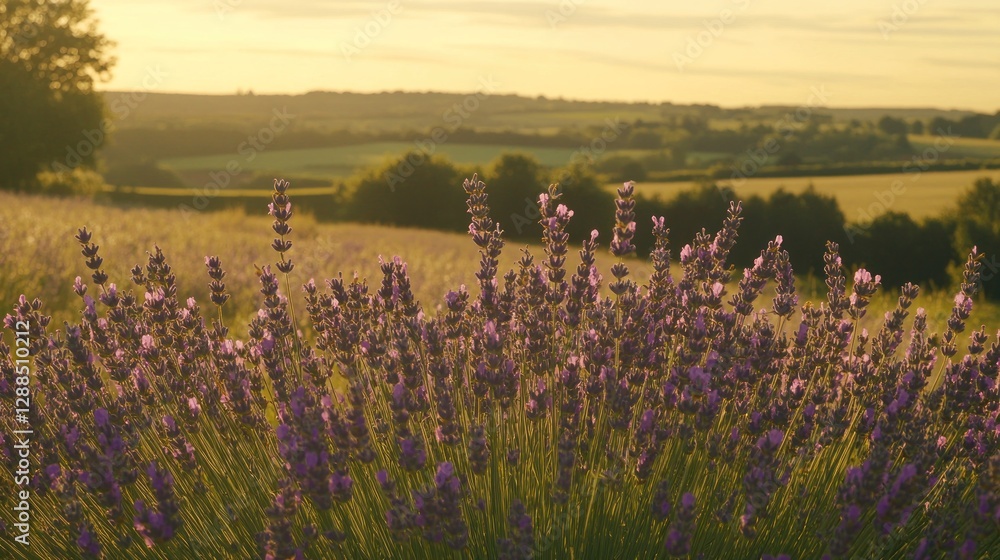 Naklejka premium Sunset Lavender Field, Rural Landscape, Idyllic Summer
